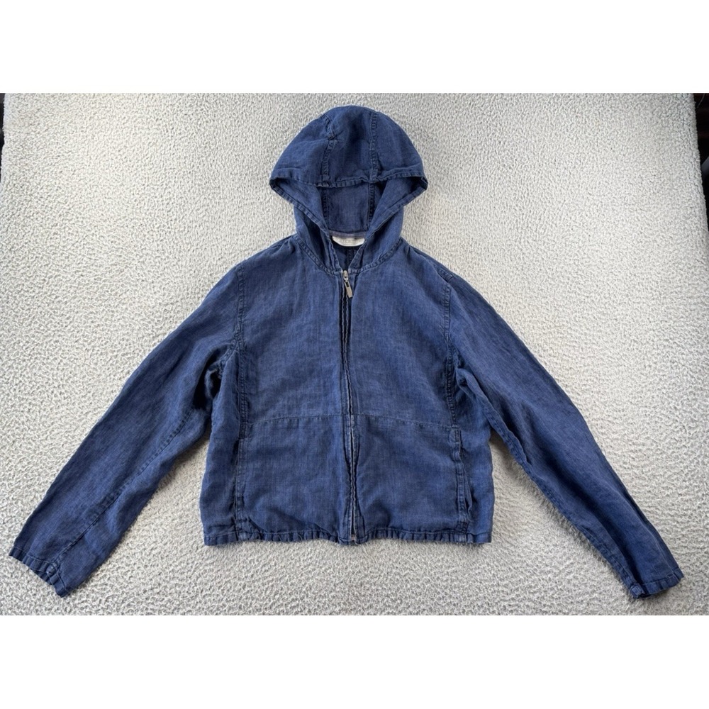 Vintage Kate Hill Linen Hoodie Womens Medium Indigo Blue Full Zip Boxy